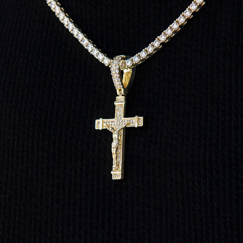 Iced Flat Crucifix Pendant in Yellow Gold