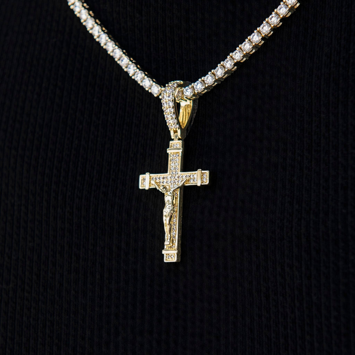 Iced Flat Crucifix Pendant in Yellow Gold