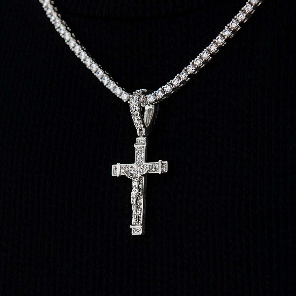 Iced Flat Crucifix Pendant in White Gold