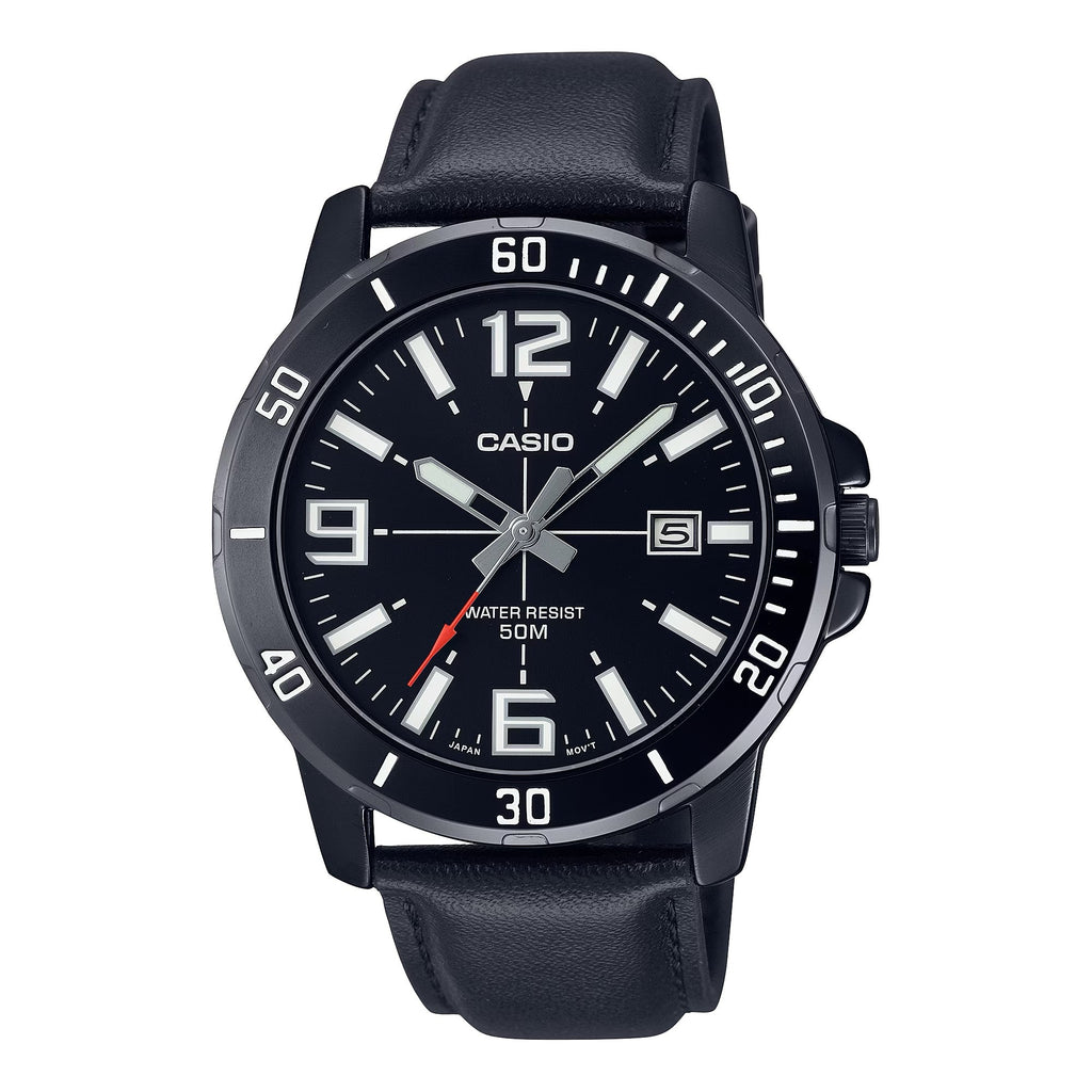 Casio Men’s Black Analog Watch with Date Display and Leather Band - MTP-VD01BL-1BV