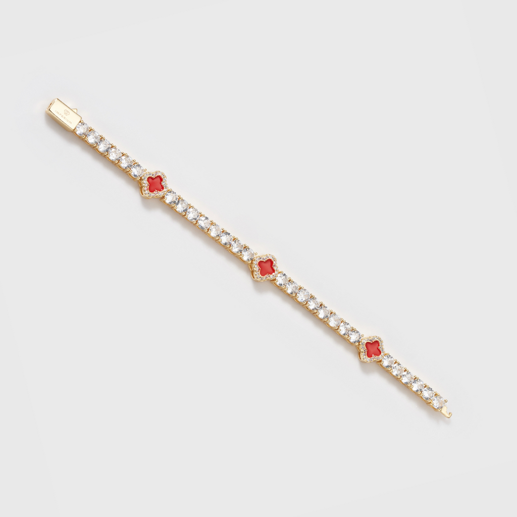 Women's Red Clover Tennis Bracelet (Gold) - 4mm