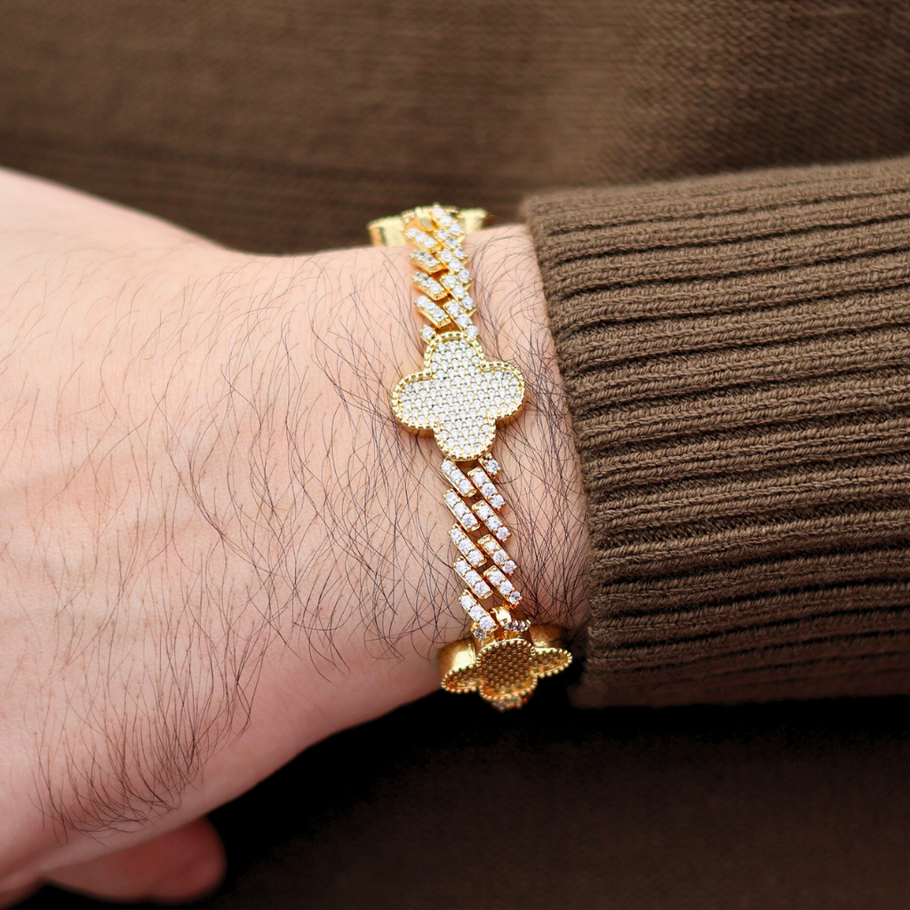 Clover Iced Prong Cuban Chain + Bracelet (Gold) - 8mm