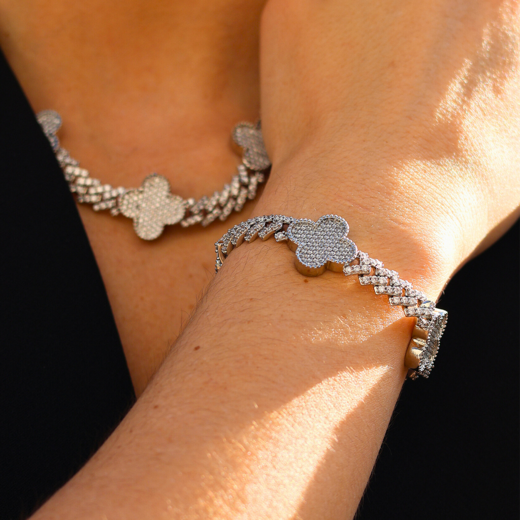 Women's Clover Iced Prong Cuban Bracelet (Silver) - 8mm