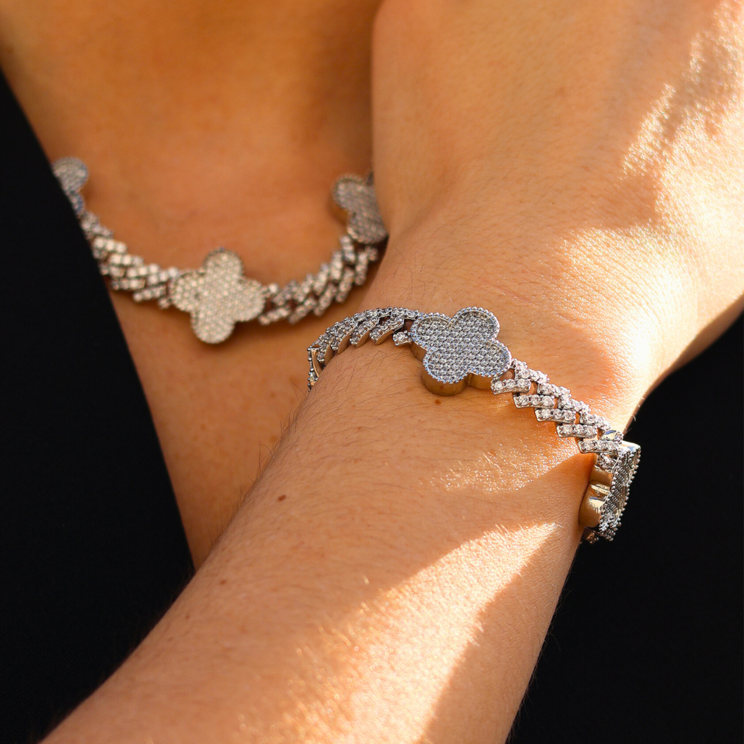 Women's Clover Iced Prong Cuban Bracelet (Silver) - 8mm