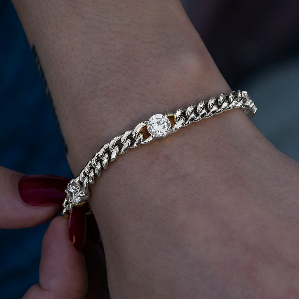 GLD Round Stone Station Cuban Bracelet in White Gold