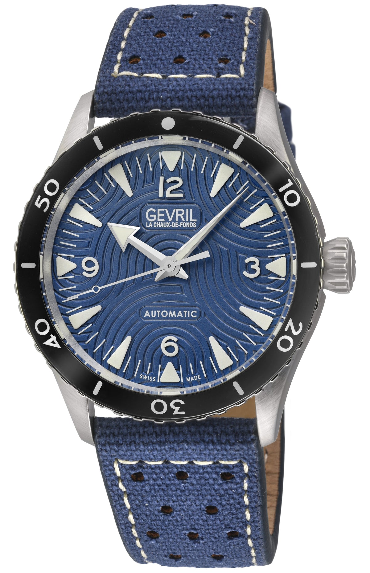 Gevril Men's Franklin 316L Stainless Steel Case ,Black Acrylic Bezel, Blue Dial, Blue Canvas Strap Watch