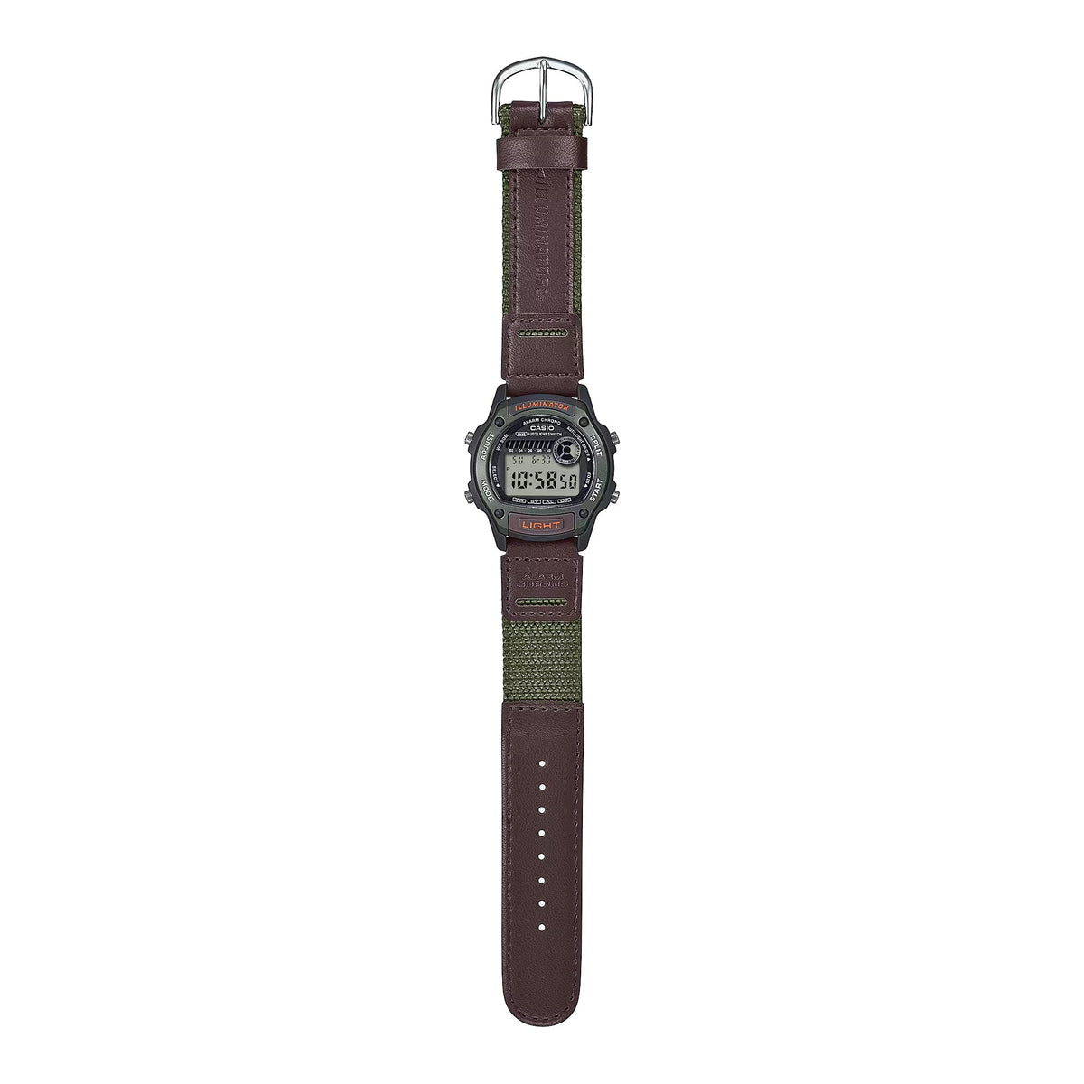 Casio Men’s Digital Illuminator Chronograph Watch with Brown and Green Strap - W-220HF-3AV