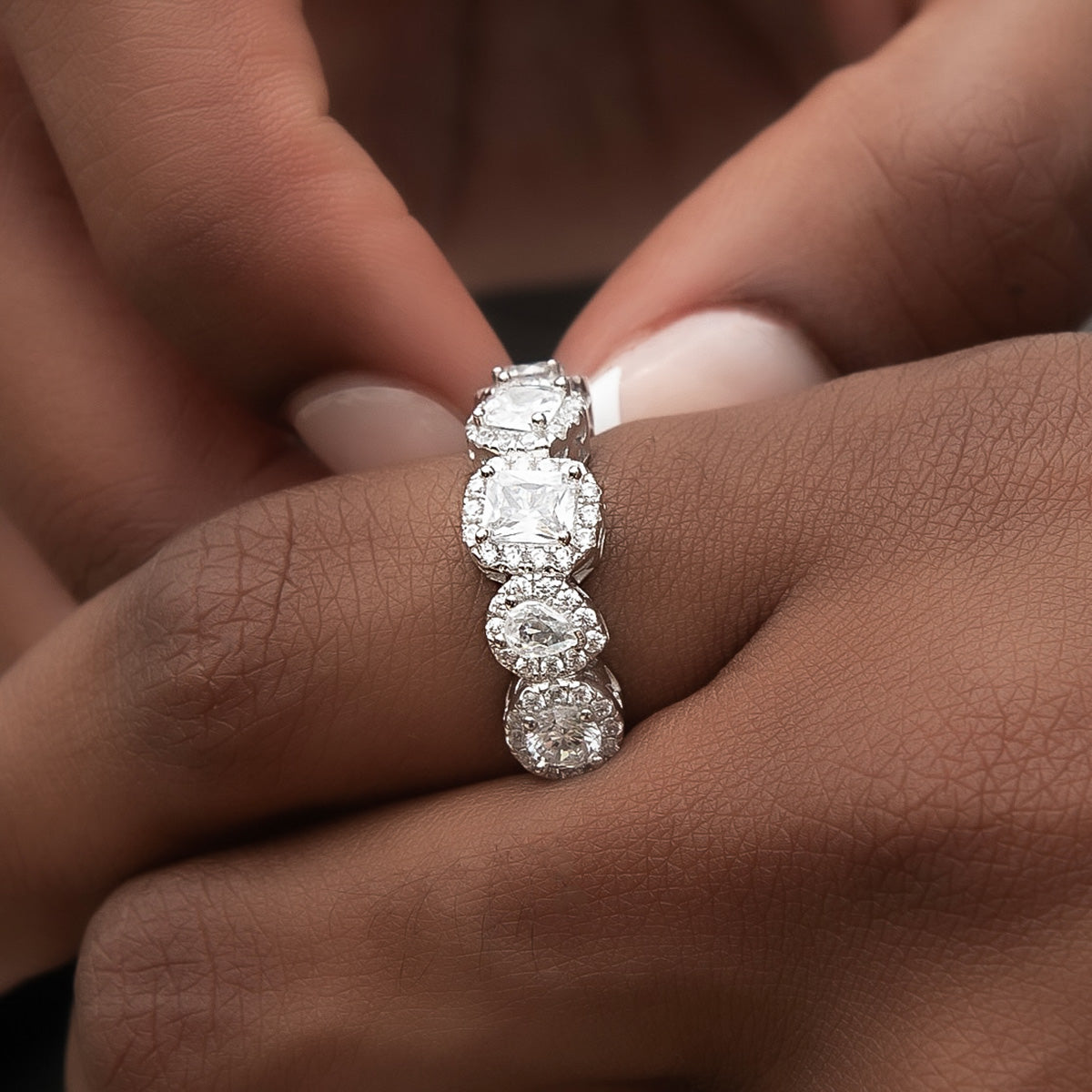 Mixed Diamond Pave Ring in White Gold Vermeil