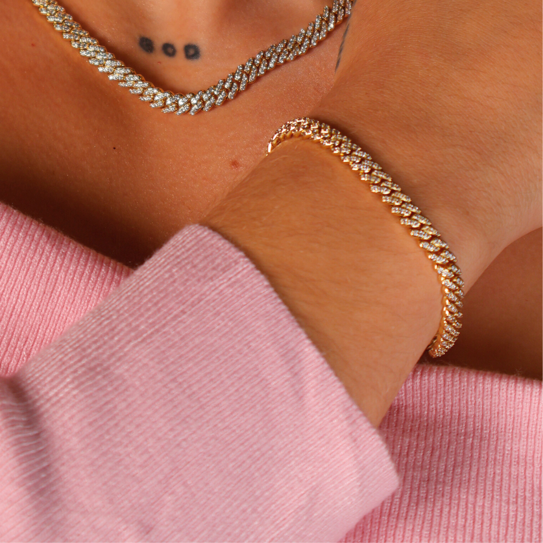 Women's Iced Micro Prong Cuban Chain + Bracelet (Gold) - 5mm