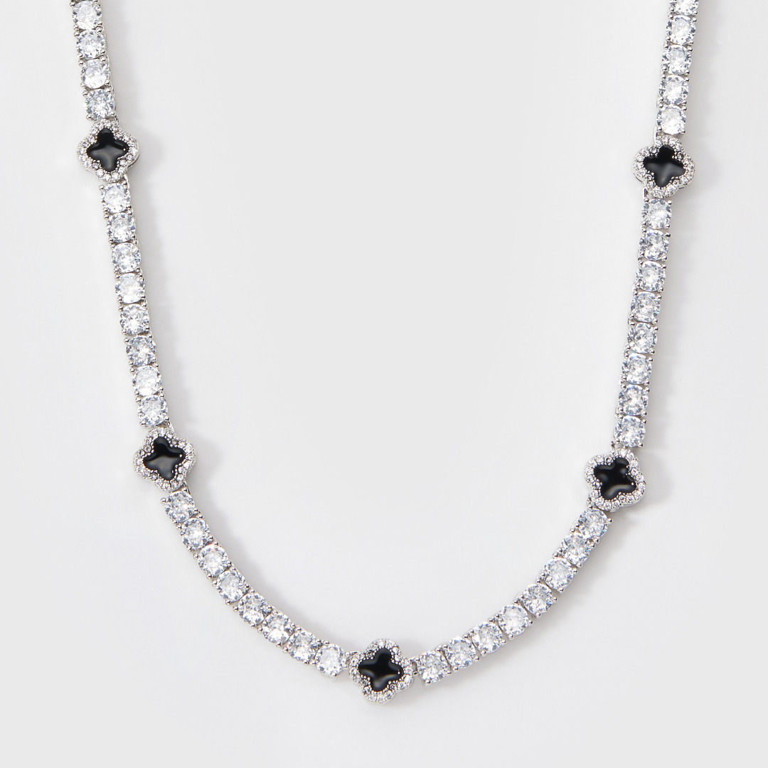 Black Clover Tennis Chain + Bracelet (Silver) - 4mm
