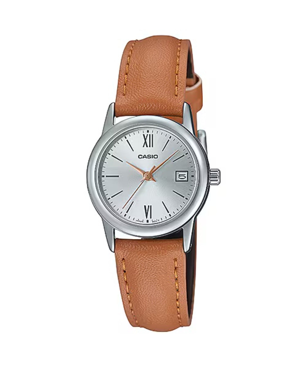 Casio Women’s Silver Dial Watch with Brown Leather Band - LTP-V002L-7B3UDF