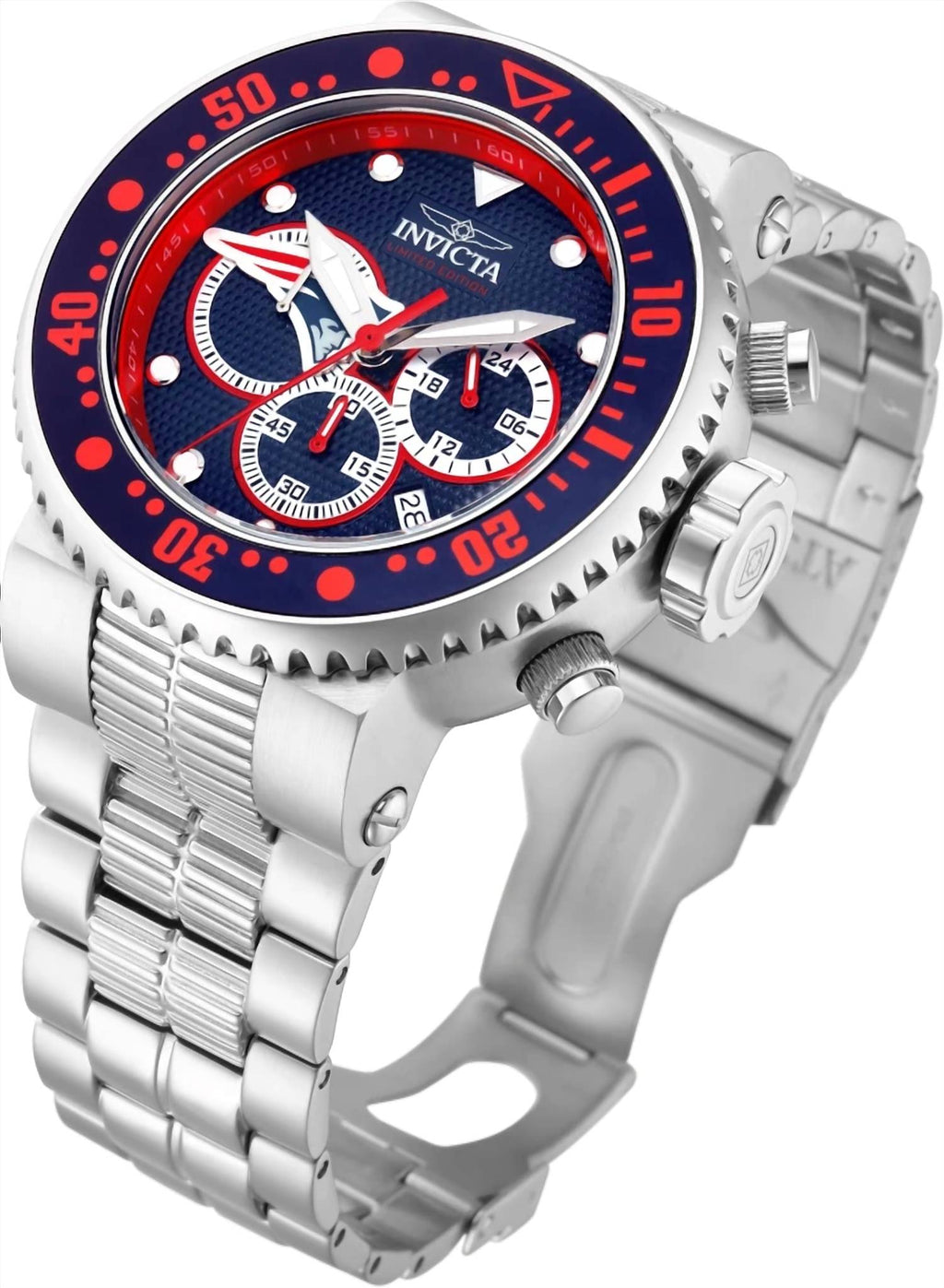 Men's Nfl Grand Pro Diver 52Mm Quartz Chrono Bracelet Watch In New England Patriots