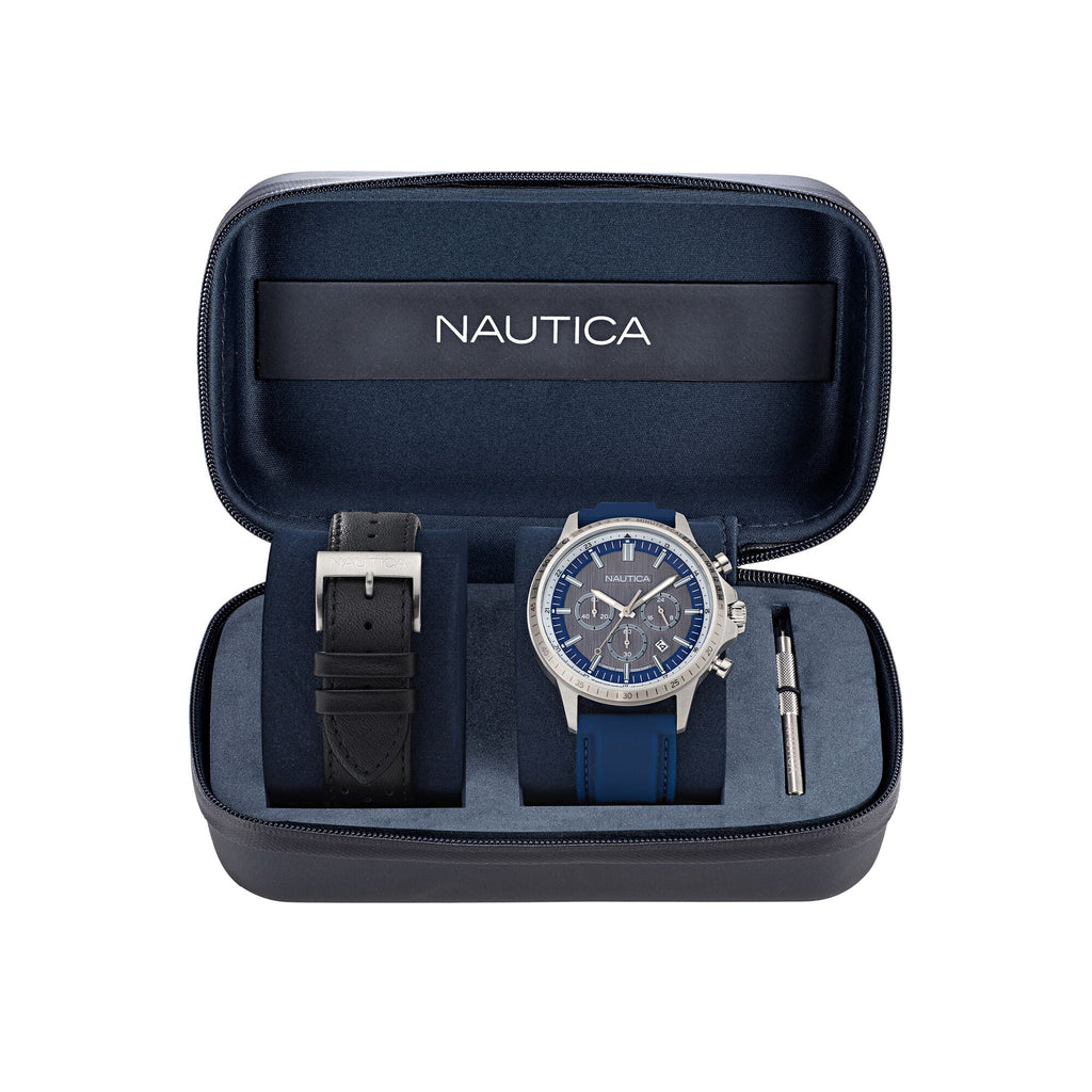 Nautica Mens Nct Blue Ocean Leather And Silicone Watch Box Set