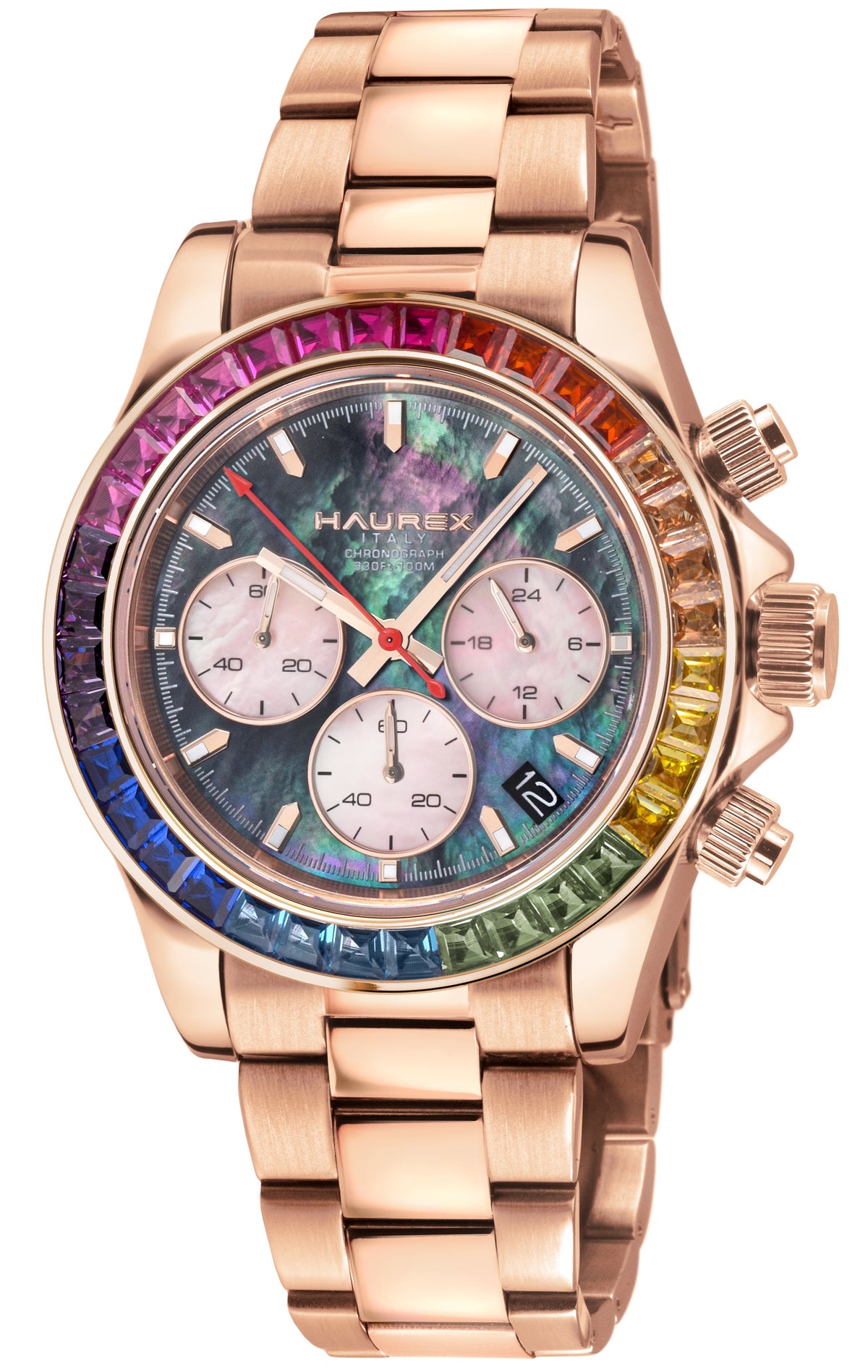 Haurex Italy:Arcobaleno SS/IPRG Case, Multi colored   Bezel, Black Dial, SS/IPRG Bracelet Watch