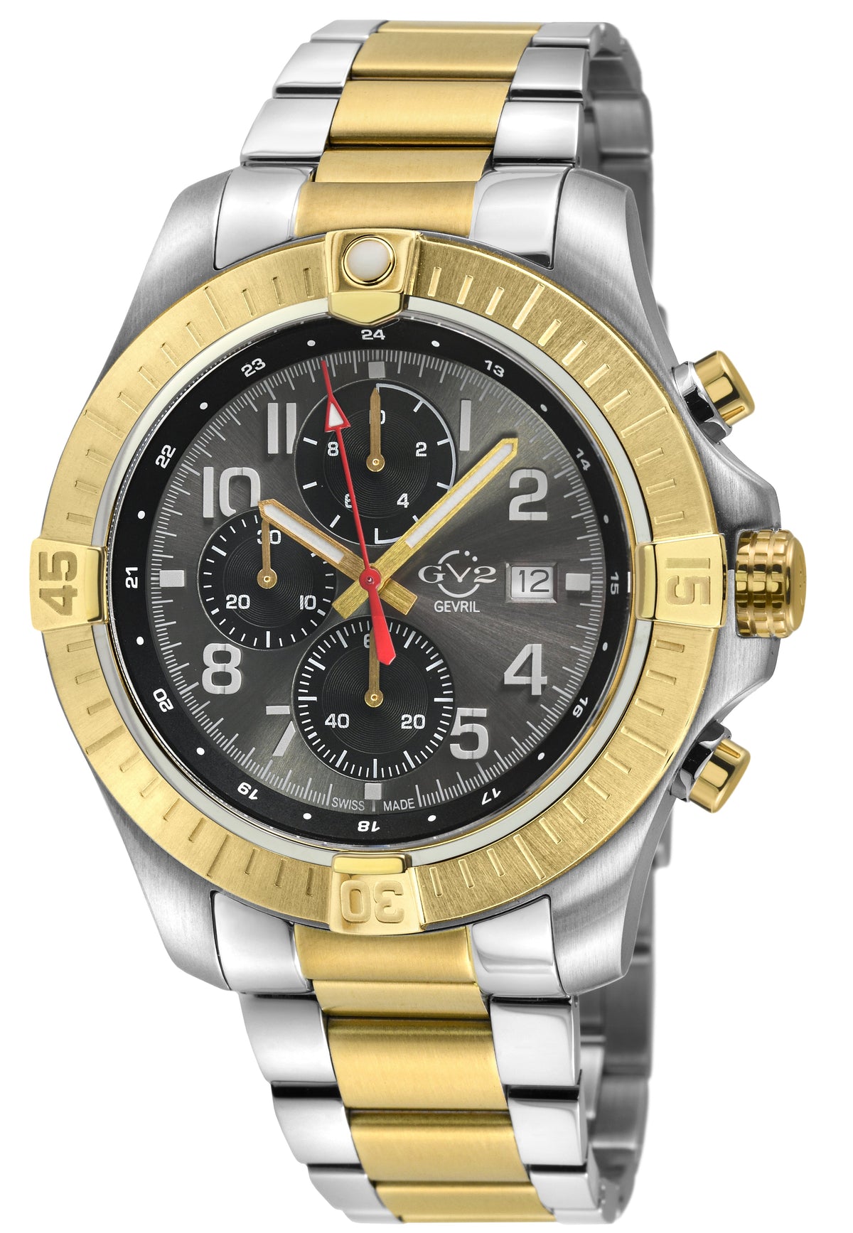 GV2 Men's T38 SS Case, IPYG  Bezel ring, Enamel Gray Dial with White print, 3 Black sub dial, Two toned IPYG/316L Staineless Steel Bracelet Watch.