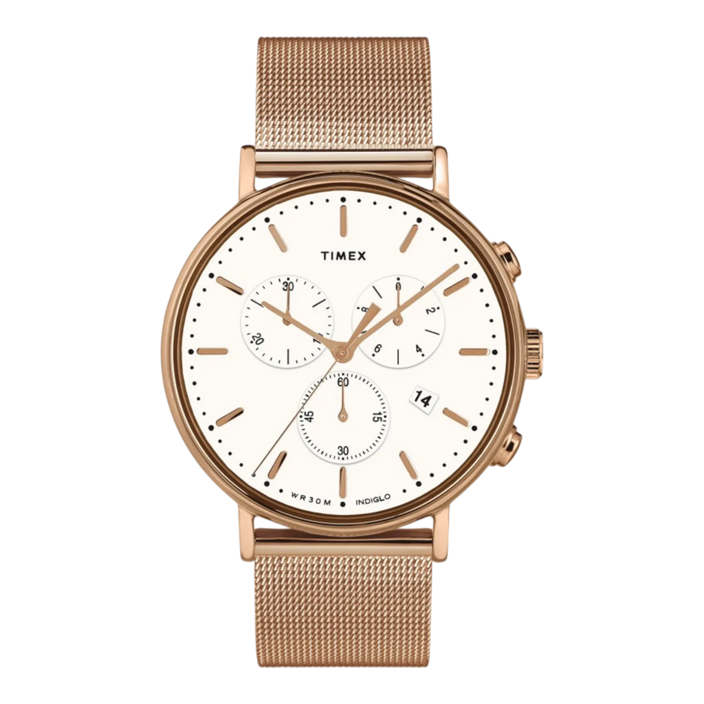 Timex Fairfield Chronograph Watch in Rose Gold Tone/White | Men 41mm Mesh Band