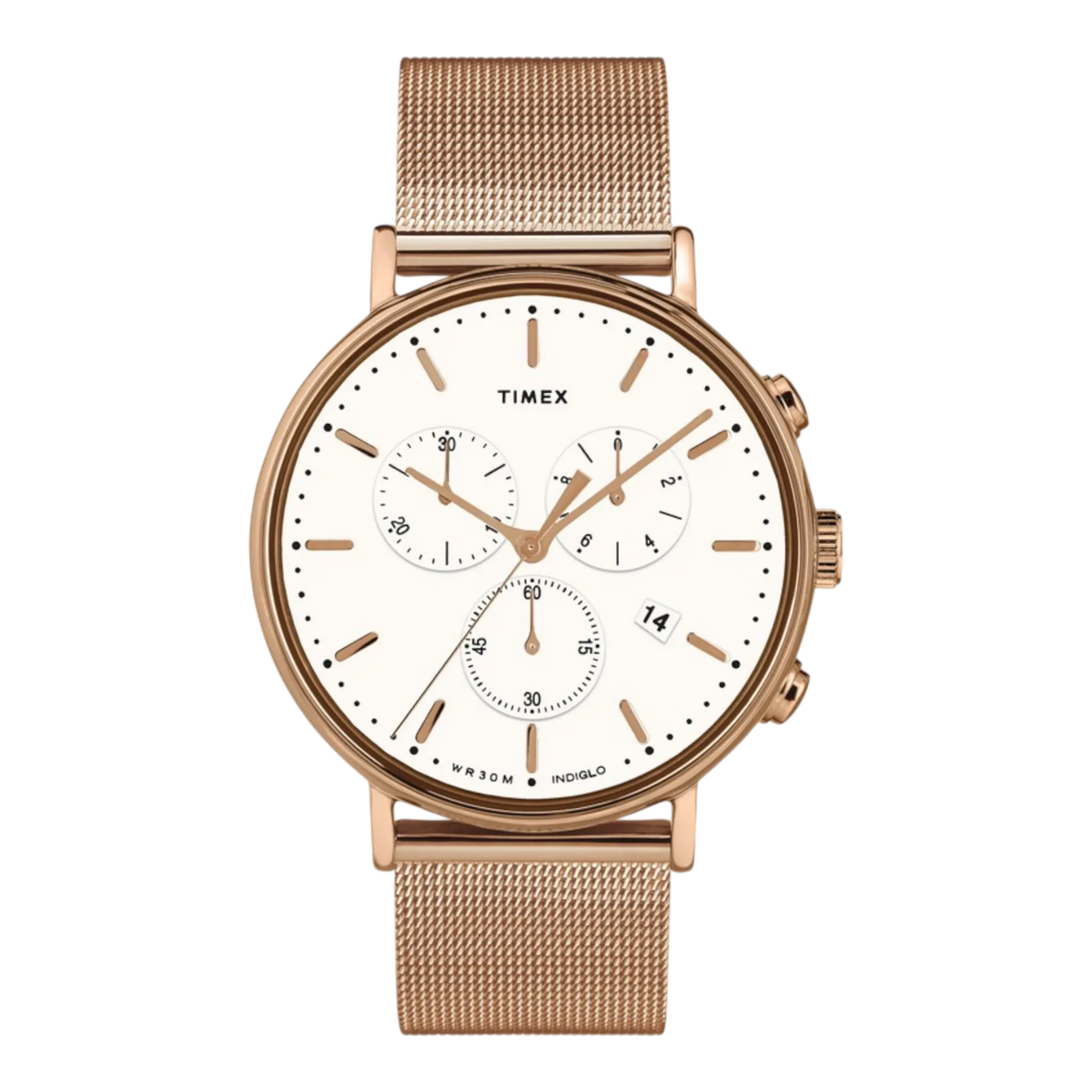 Timex Fairfield Chronograph Watch in Rose Gold Tone/White | Men 41mm Mesh Band