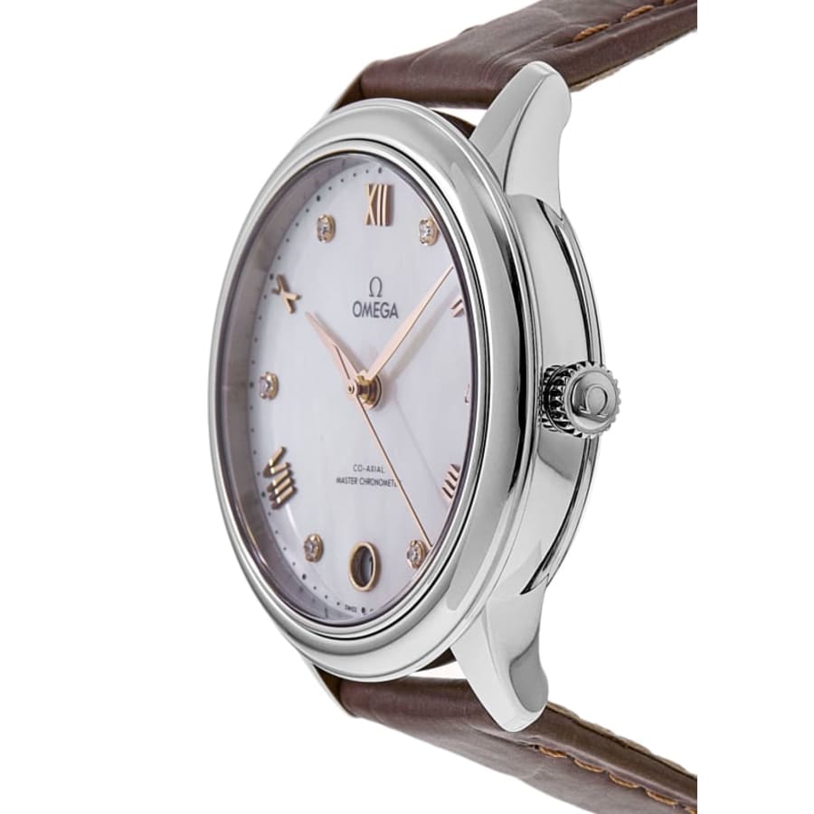 Omega De Ville Prestige Co-Axial Master Chronometer 34mm Automatic Mother of Pearl Diamond Dial Leather Strap Women's Watch 434.13.34.20.55.001