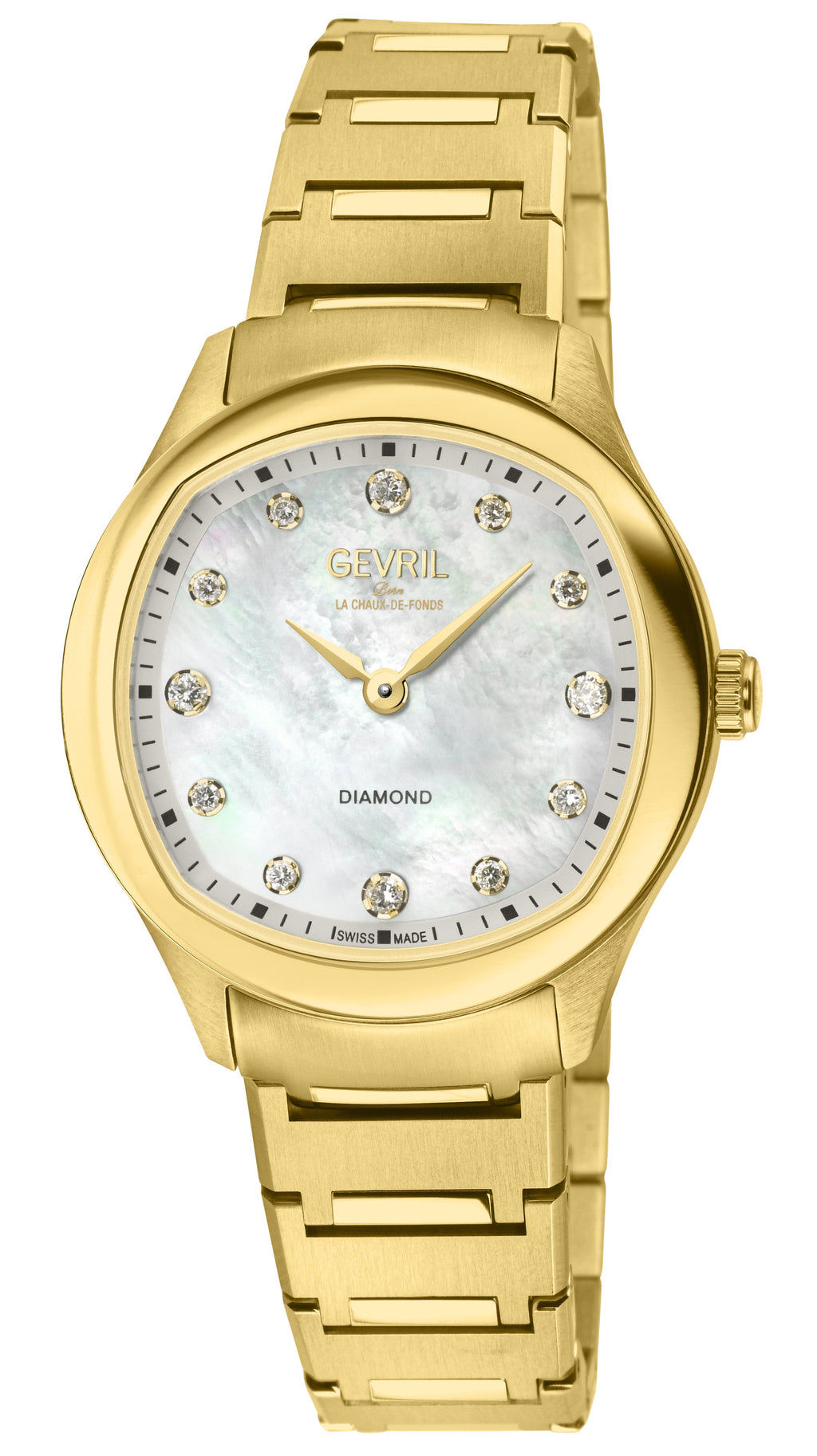 Gevril Women's Morcote Swiss Diamond Watch, 316L SS/IPYG Case, White MOP, IP Gold bracelet..