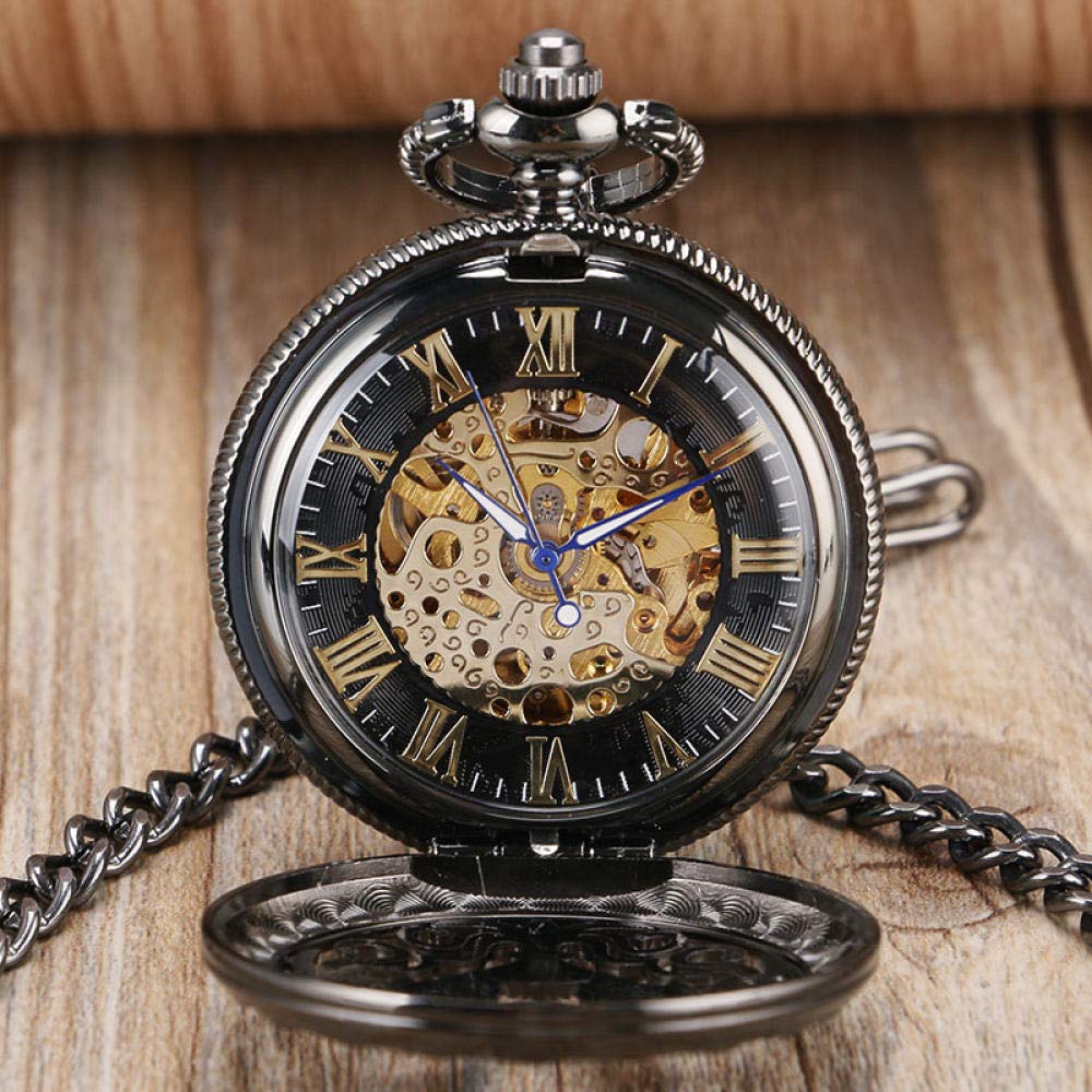 Vintage Black Mechanical Skeleton Brass Pocket Watch