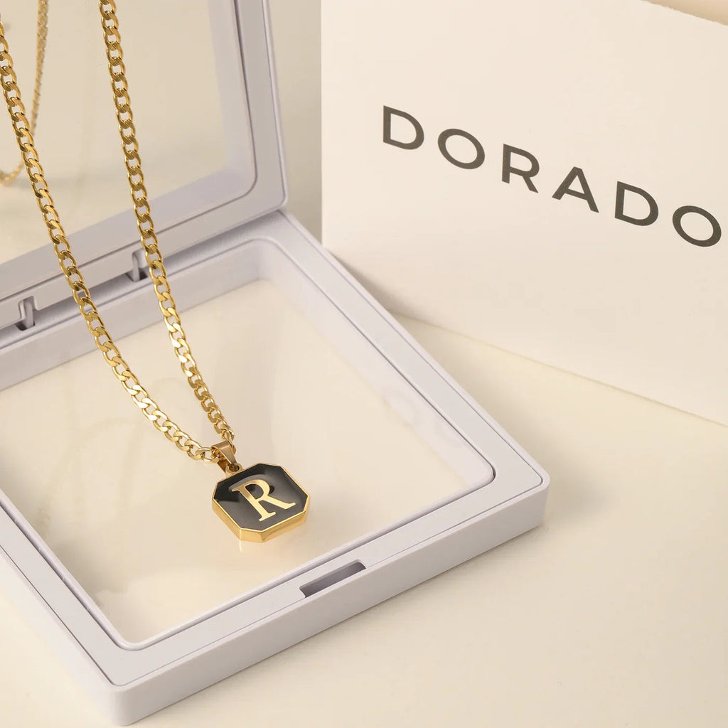 Men's Onyx Initial Pendant Necklace w/ Cuban Chain