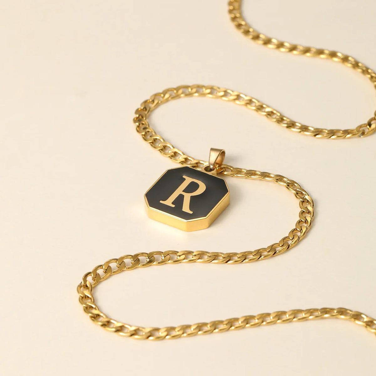 Men's Onyx Initial Pendant Necklace w/ Cuban Chain