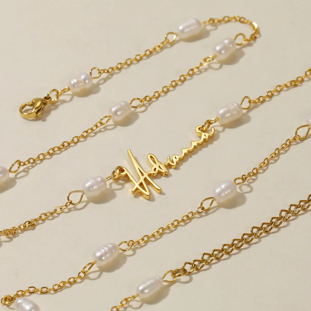 Script Name Necklace w/ Pearl Link Chain