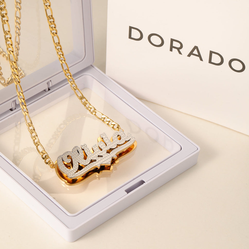 Double Plated Pop Out Heart Name Necklace w/ Figaro Chain