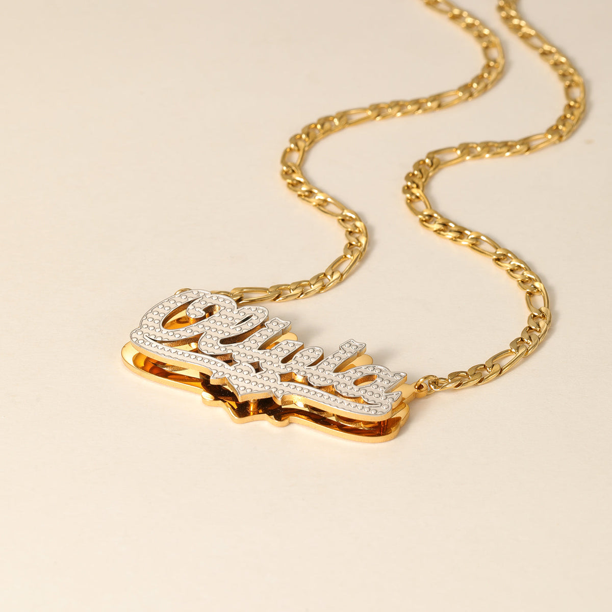 Kids Double Plated Pop Out Heart Name Necklace w/ Figaro Chain