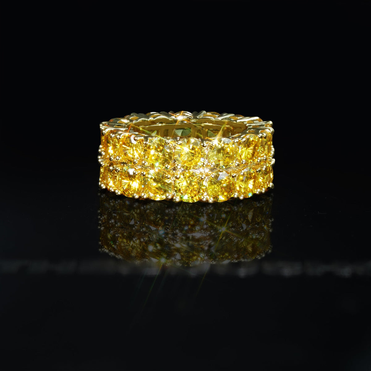 9mm  Iced 18K Yellow Gold-Plated AAA CZ Iced  Double Row Ring