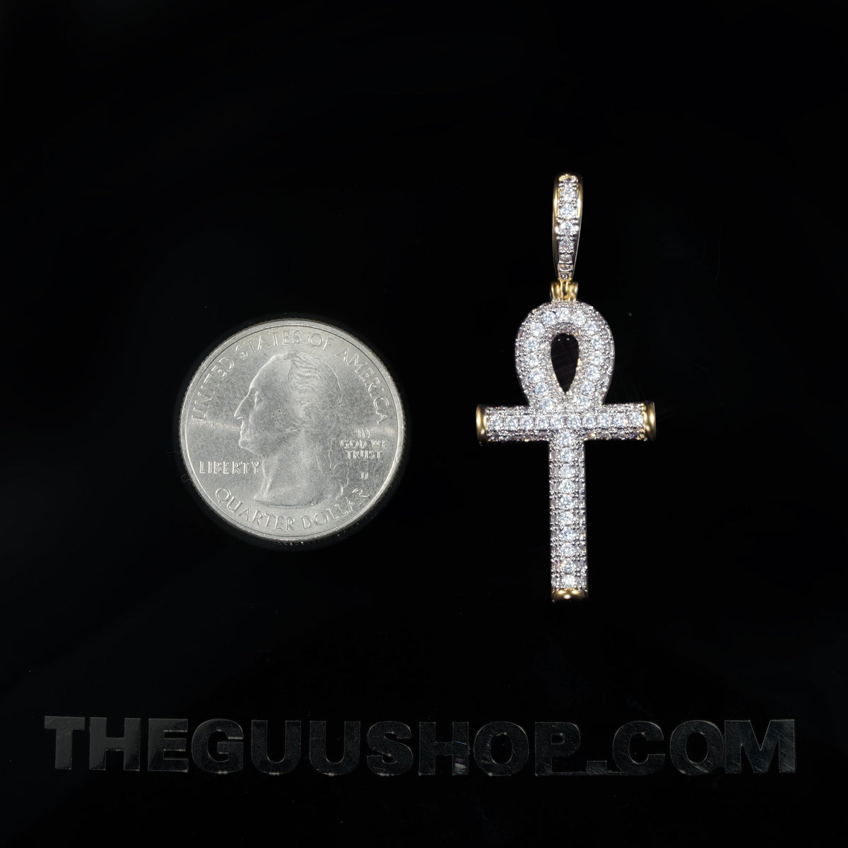 Iced 18K Yellow Gold-Plated  Iced  AAA CZ 18mm  Ankh Gold-Plated And Silver Pendant & Cuban Link Chain