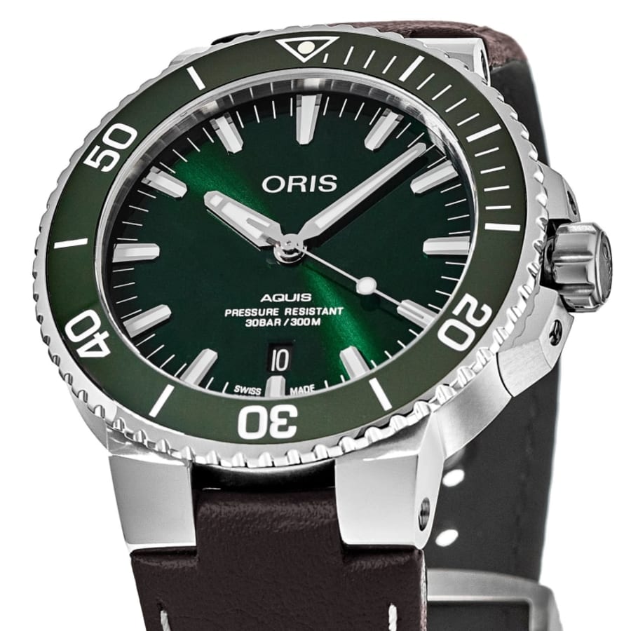 Oris Aquis Date Green Dial Brown Leather Strap Men's Watch 01 733 7732 4157-07 5 21 10FC