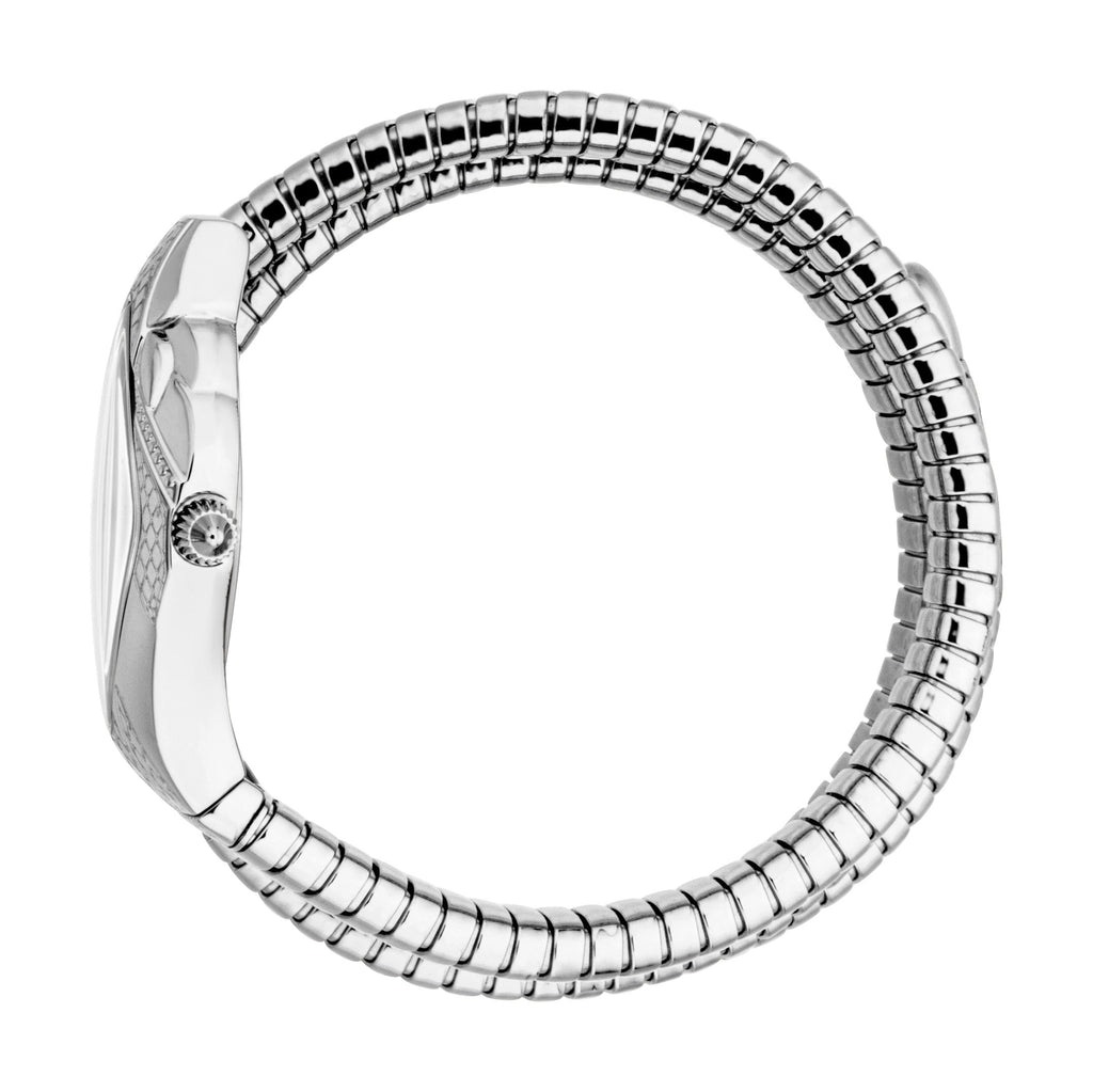 JUST CAVALLI Womens's Snake Watch, Silver Color Case, Silver Dial, Stainless Steel Bracelet