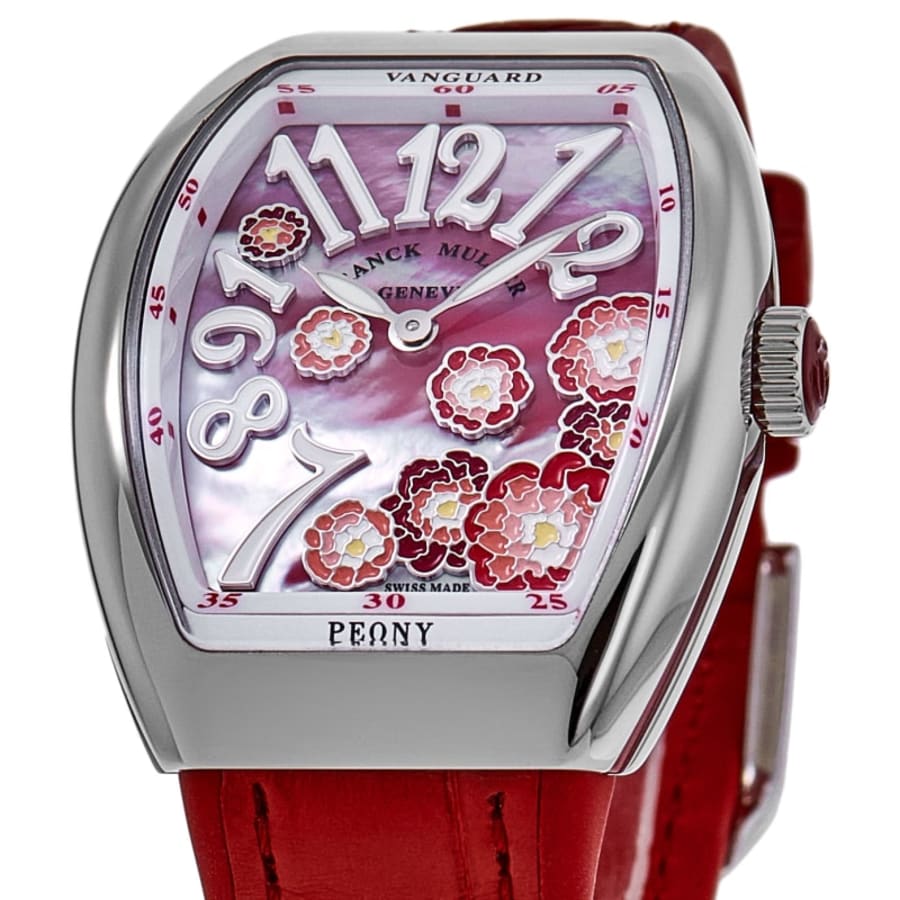 Franck Muller Vanguard Limited Edition Lady Peony Color Dreams 32mm Red Mother of Pearl Dial Leather Strap Women's Watch V 32 QZ MOP RG AC RG