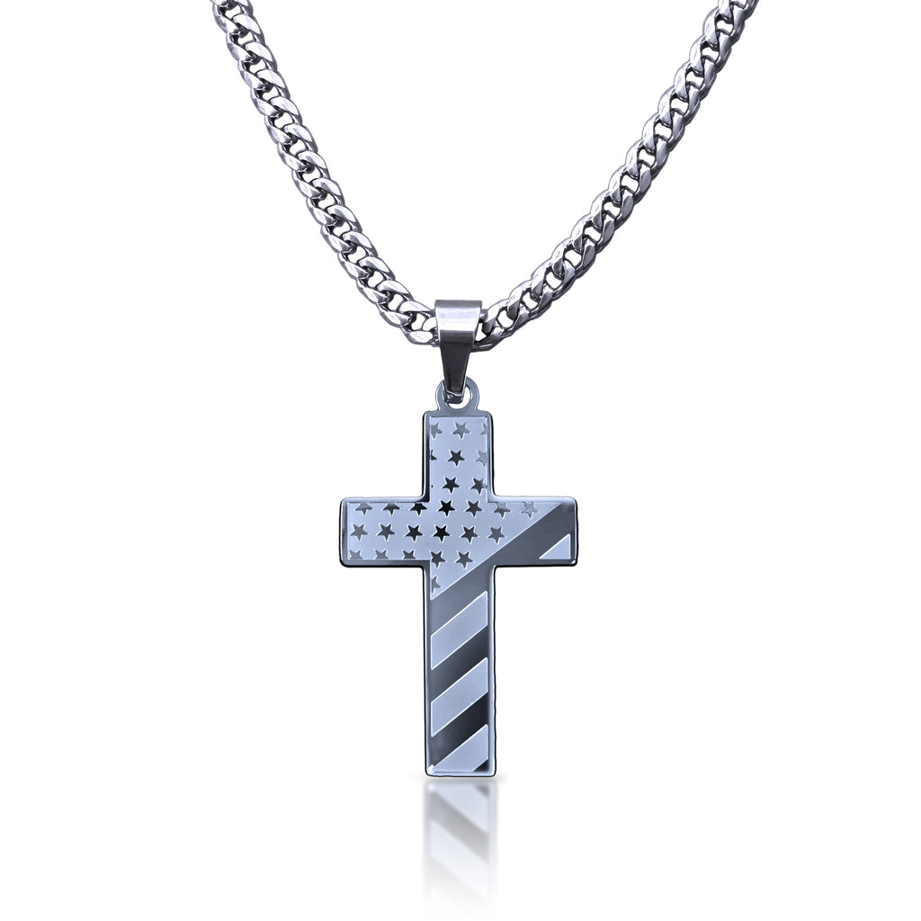 Pro USA Flag Cross Pendant Necklace - Stainless Steel