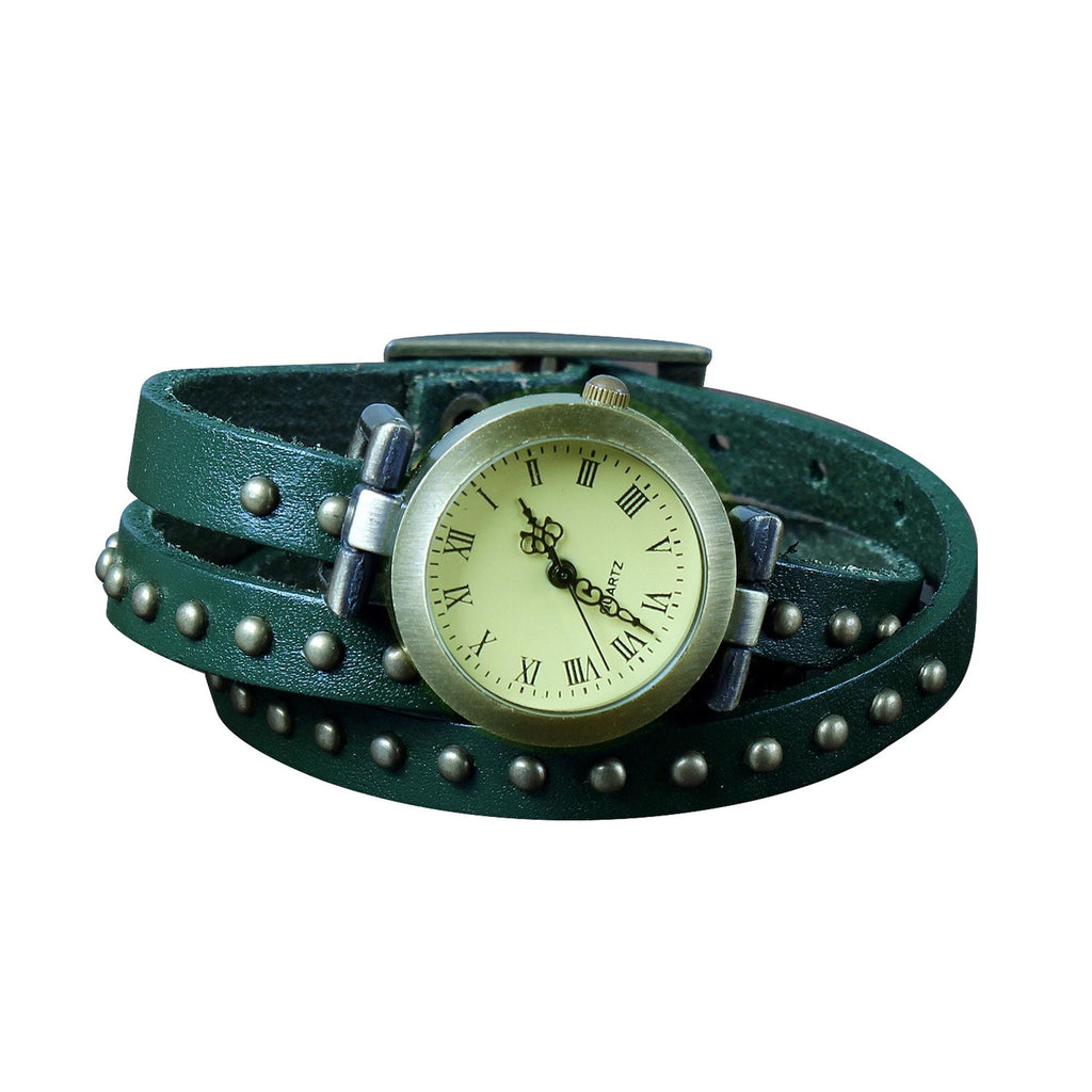 Fashionable Rivet Leather Belt Retro Watch Hand Chain-orangered