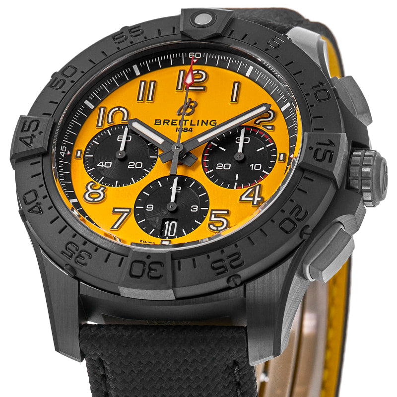 Breitling Avenger B01 Chronograph 44 Night Mission Automatic Yellow Dial Black Leather Strap Men's Watch SB0147101I1X2