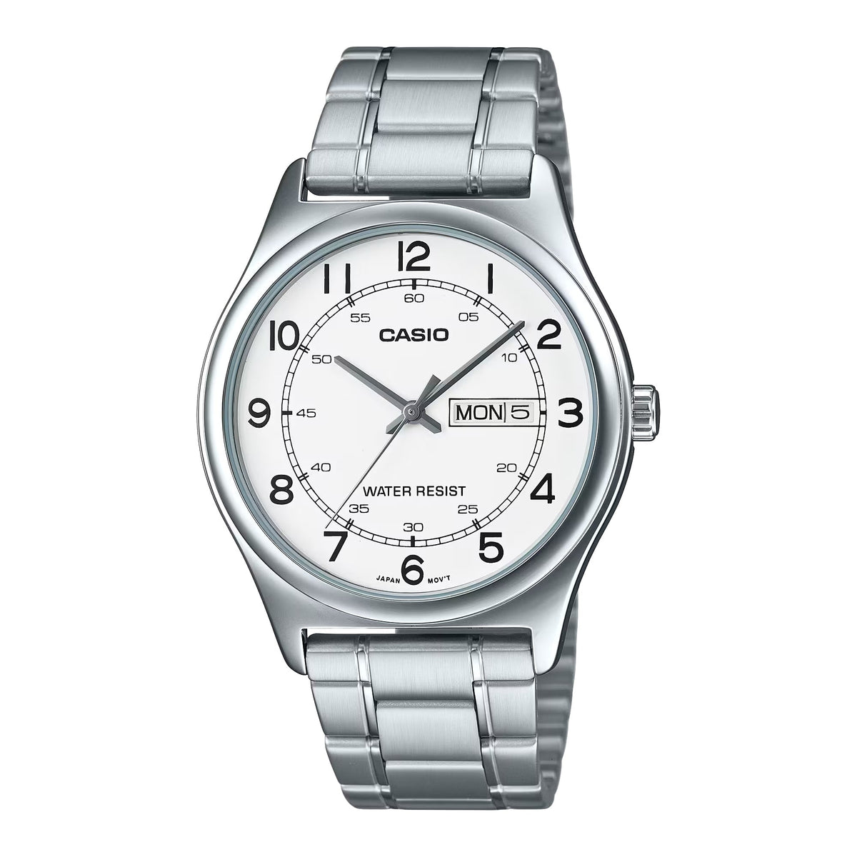Casio Men’s White Dial Day Date Analog Watch with Stainless Steel Bracelet - MTP-V006D-7B2UDF