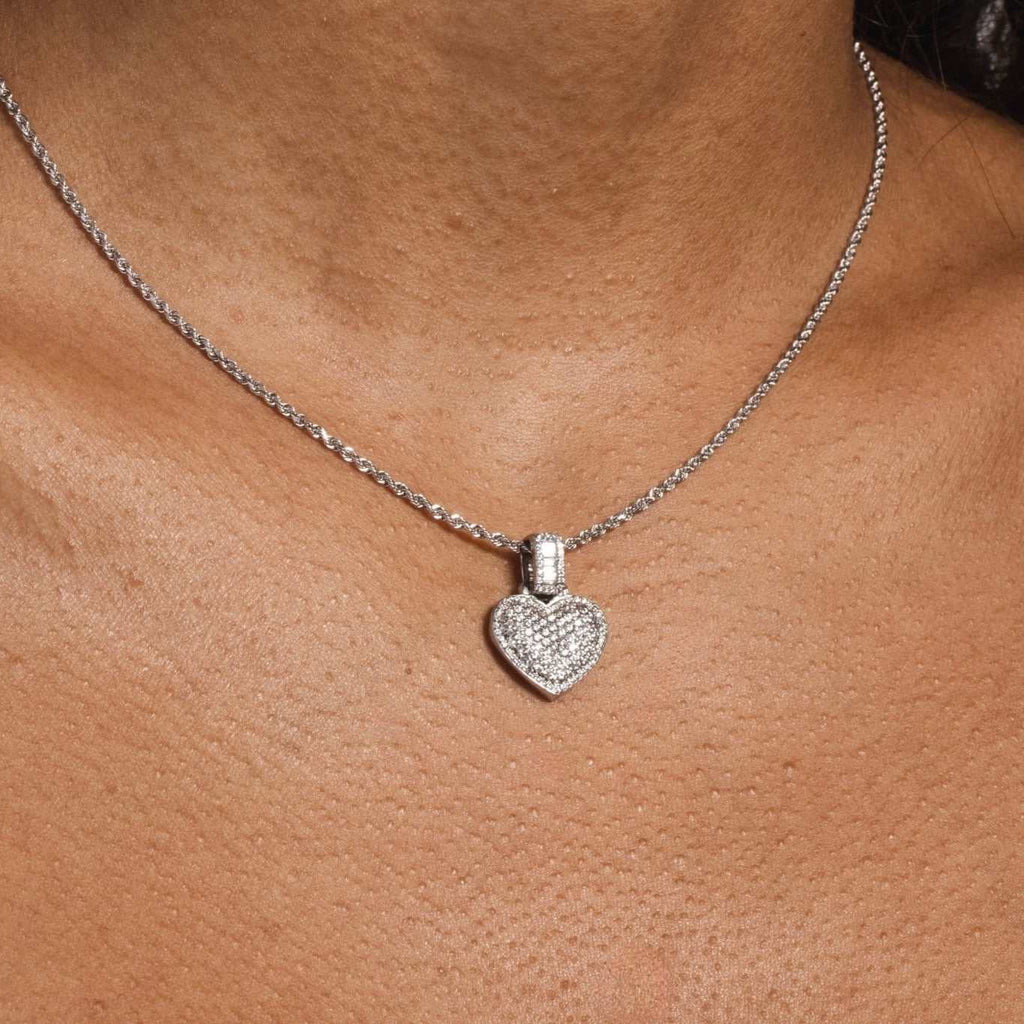 Solid White Gold Iced Heart Pendant-VS Diamonds