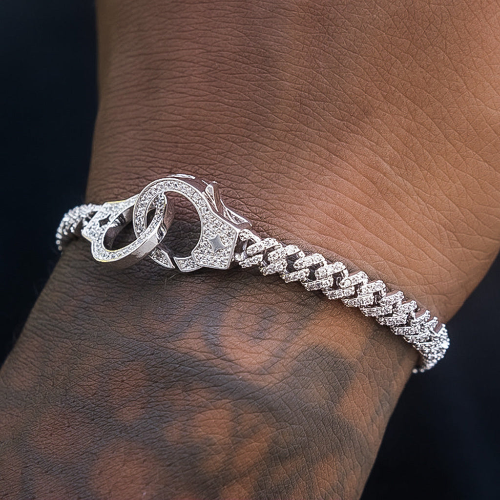 GLD Iced Handcuff Diamond Prong Cuban Bracelet in White Gold
