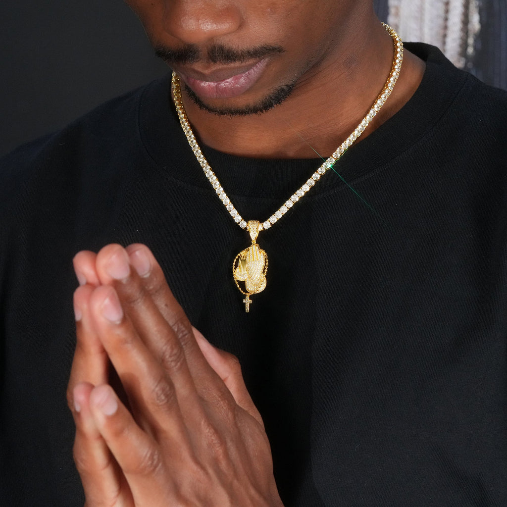 3mm Gold-Plated AAA CZ Hand Rosary Cross Prayer Hand Cross Pendant (with Stainless Steel Cuban/twist Chain)