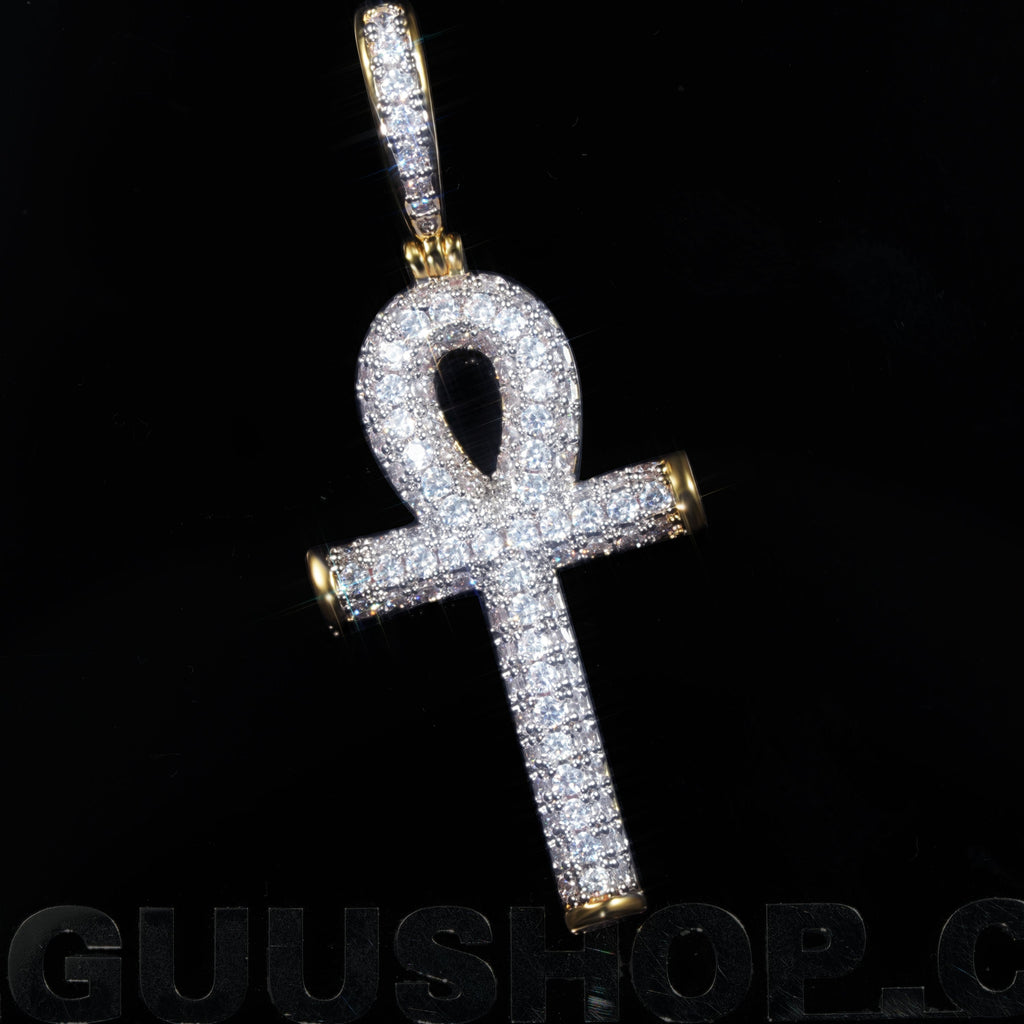 Iced 18K Yellow Gold-Plated  Iced  AAA CZ 18mm  Ankh Gold-Plated And Silver Pendant & Cuban Link Chain