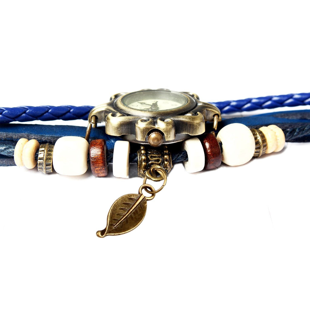 Beautiful Bohemian Style Retro Handmade Leather Tree Leaf Women's Watches Blue