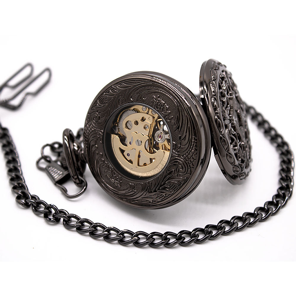 Vintage Black Mechanical Skeleton Brass Pocket Watch