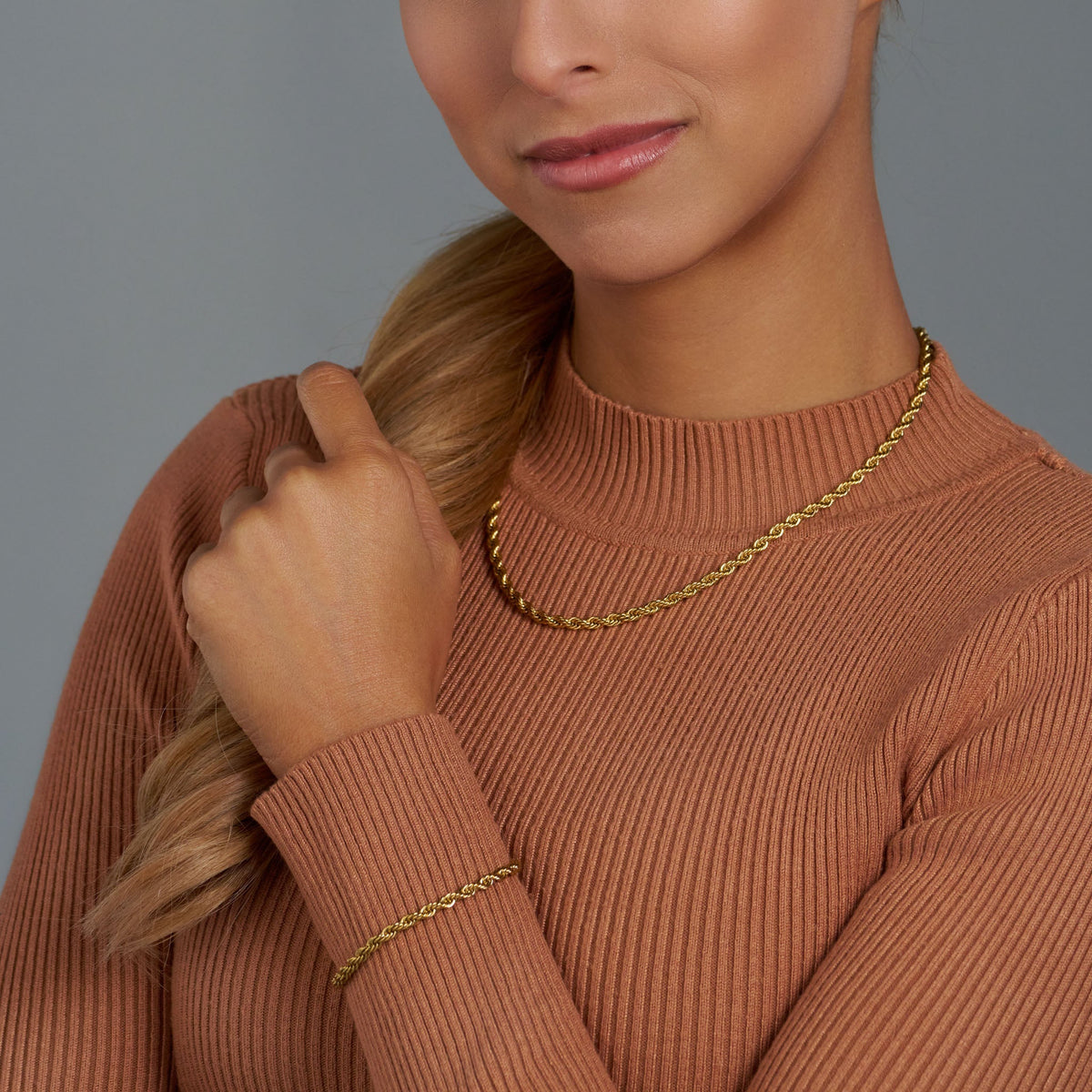 Women's Rope Chain + Bracelet (Gold) - 4mm