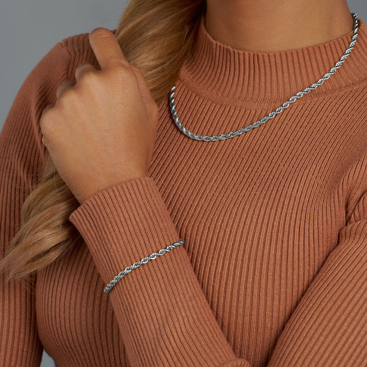 Women's Rope Chain + Bracelet (Silver) - 4mm