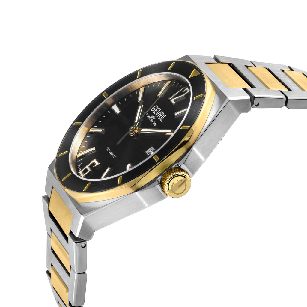 Gevril Men's High Line Automatic Watch Stainless Steel Case, Top ring in Black Sapphire Crystal, Two toned Stainless Steel IPYG  Bracelet