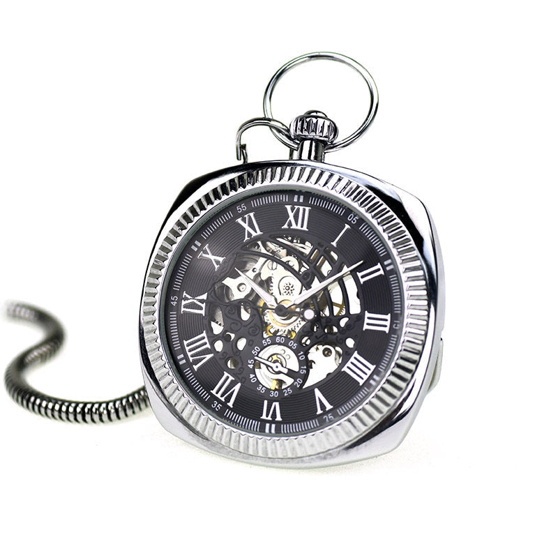 Mechanical Silver Vintage Skeleton Square Open-Face Pocket Watch