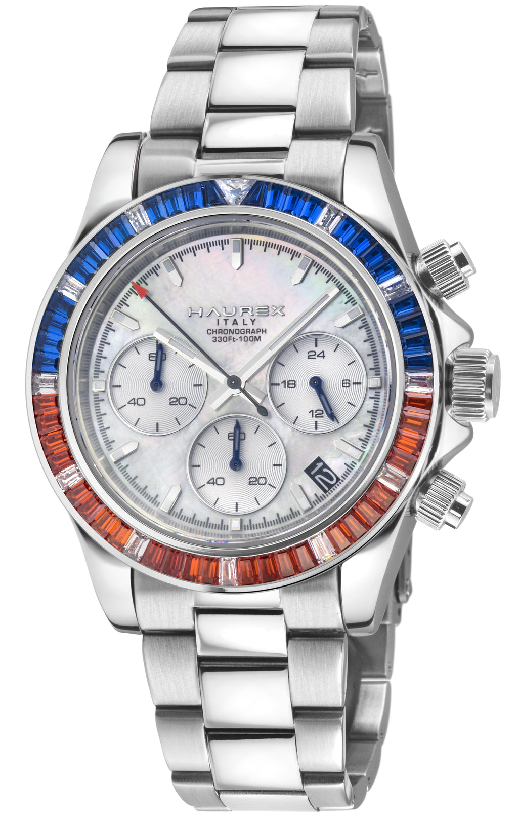 Haurex Italy:Arcobaleno 316L Stainless Steel Case, Blue/Orange Bezel, White Dial, Stainless steel Bracelet Watch