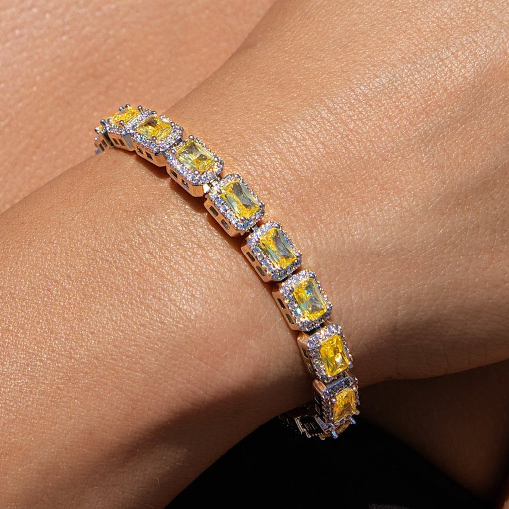 Iced Canary Cushion Cut Tennis Bracelet in White Gold - 7MM